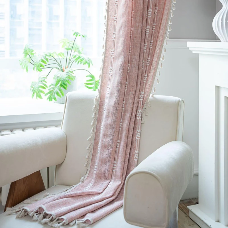 Tende trasparenti ricamate in stile bohémien Garvee con nappe per soggiorno e camera da letto, larghe 140 cm, lunghe 244 cm, color arancione-rosa