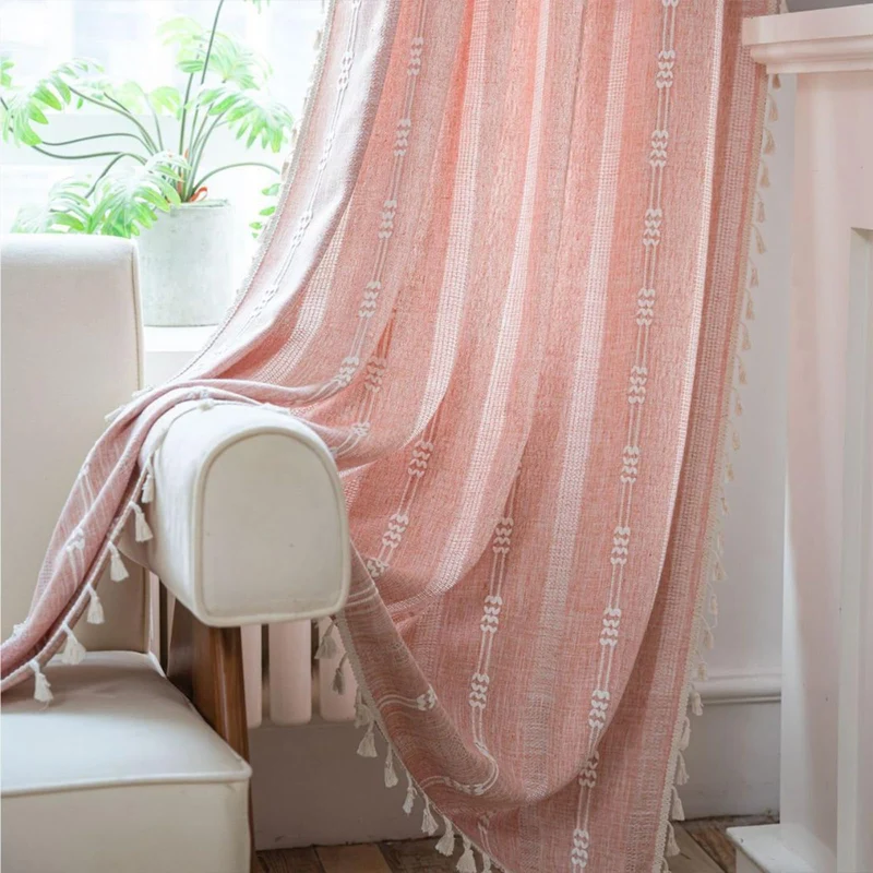 Tende trasparenti ricamate in stile bohémien Garvee con nappe per soggiorno e camera da letto, larghe 140 cm, lunghe 244 cm, color arancione-rosa