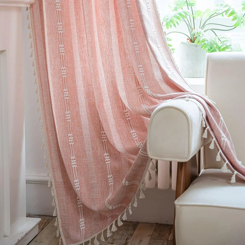 Tende trasparenti ricamate in stile bohémien Garvee con nappe per soggiorno e camera da letto, larghe 140 cm, lunghe 244 cm, color arancione-rosa