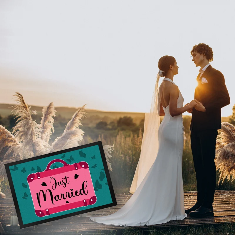 Just married Hochzeit Fußmatte in 35x50 cm mit pinkem Koffer