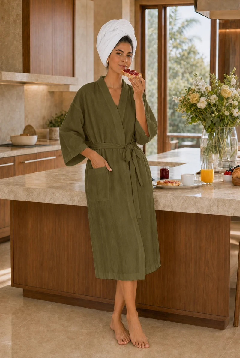 Damen-Bademantel mit Kimono-Kragen aus olivgrünem Leinen - Laís