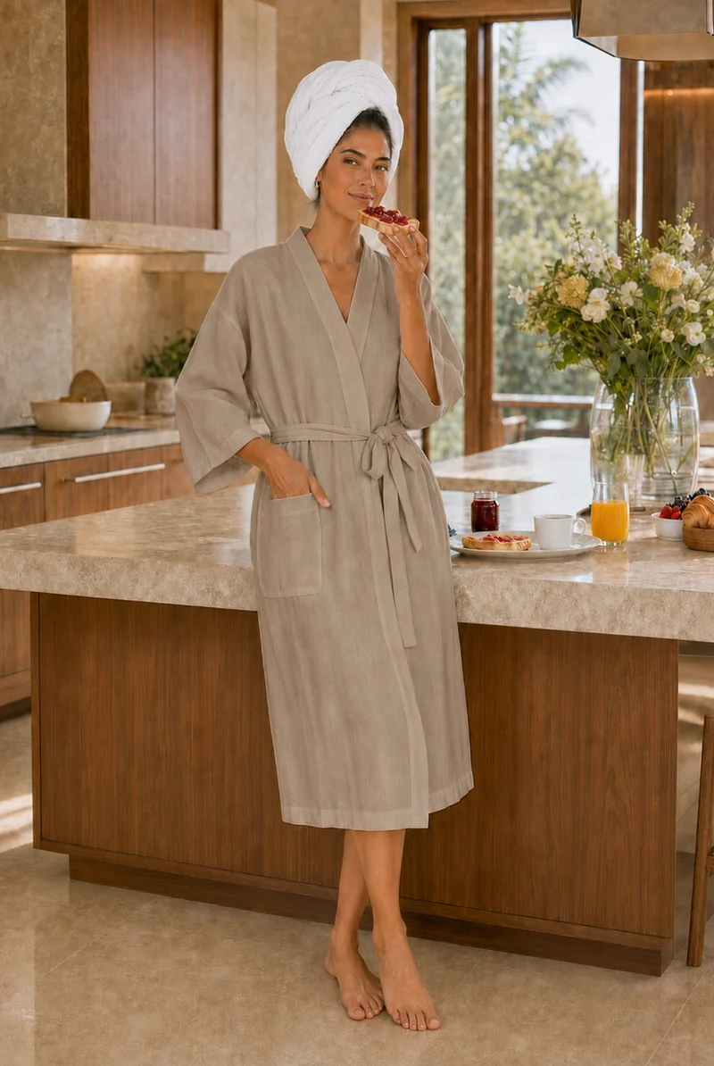 Langer Damen-Bademantel mit Kimono-Kragen aus Leinen in Naturbeige - Laís