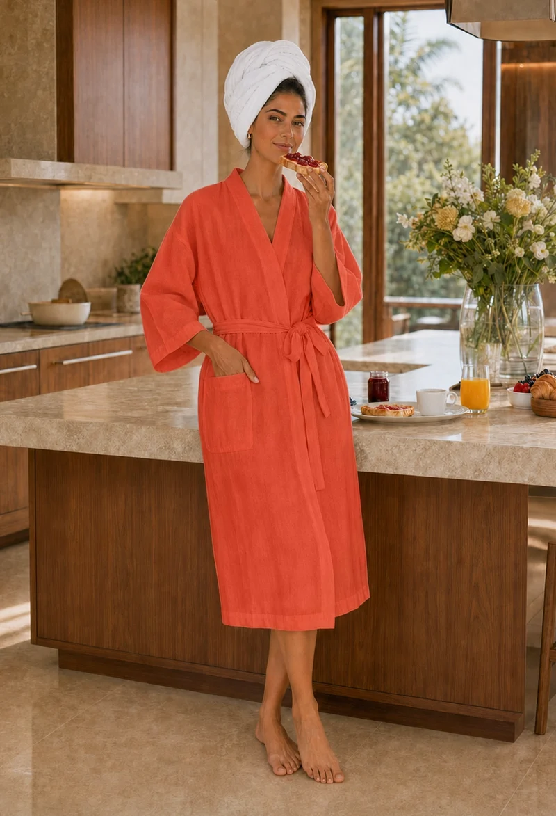 Langer Damen-Bademantel mit Kimono-Kragen aus Leinen in Koralle - Laís