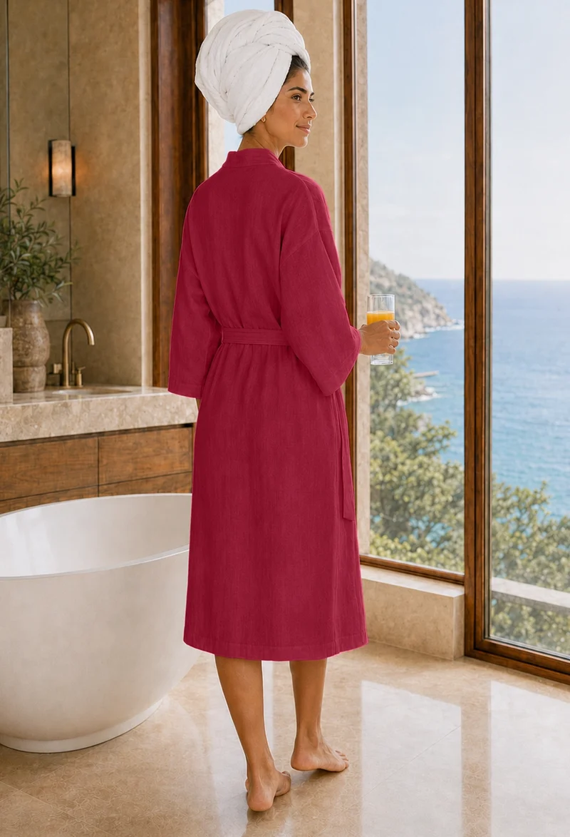 Langer Damen-Bademantel mit Kimono-Kragen aus Leinen in Bordeauxrot - Laís