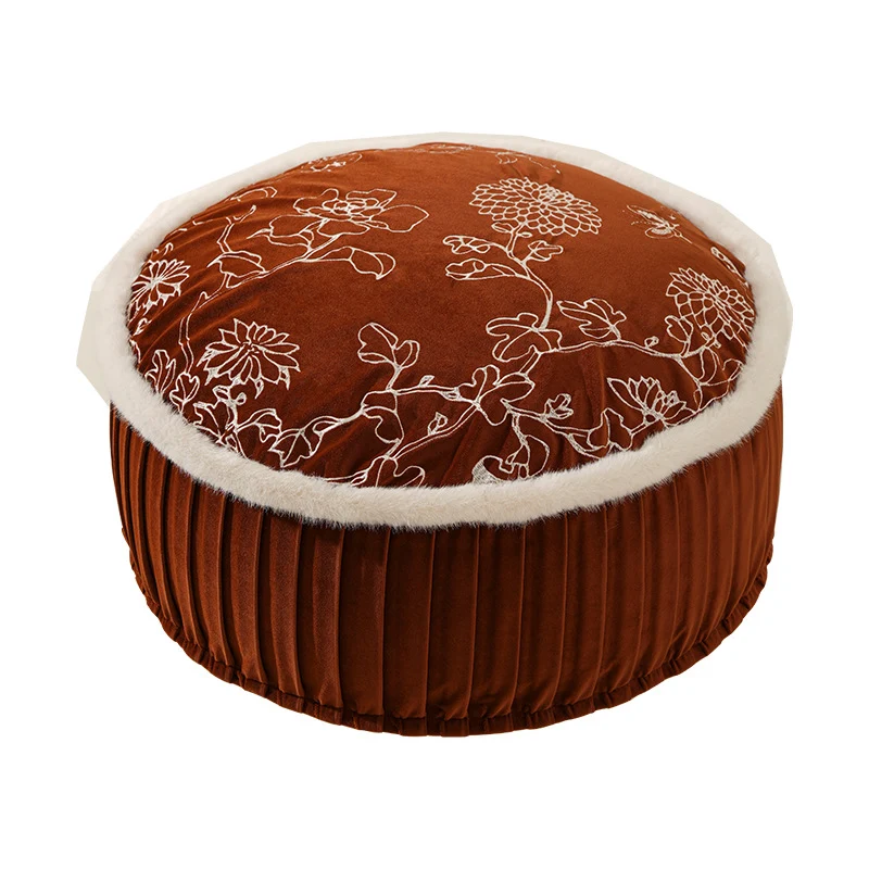 Rundes Samt‑Bodenpouf mit floral besticktem Oberteil und Kunstfell‑Borte Karnz