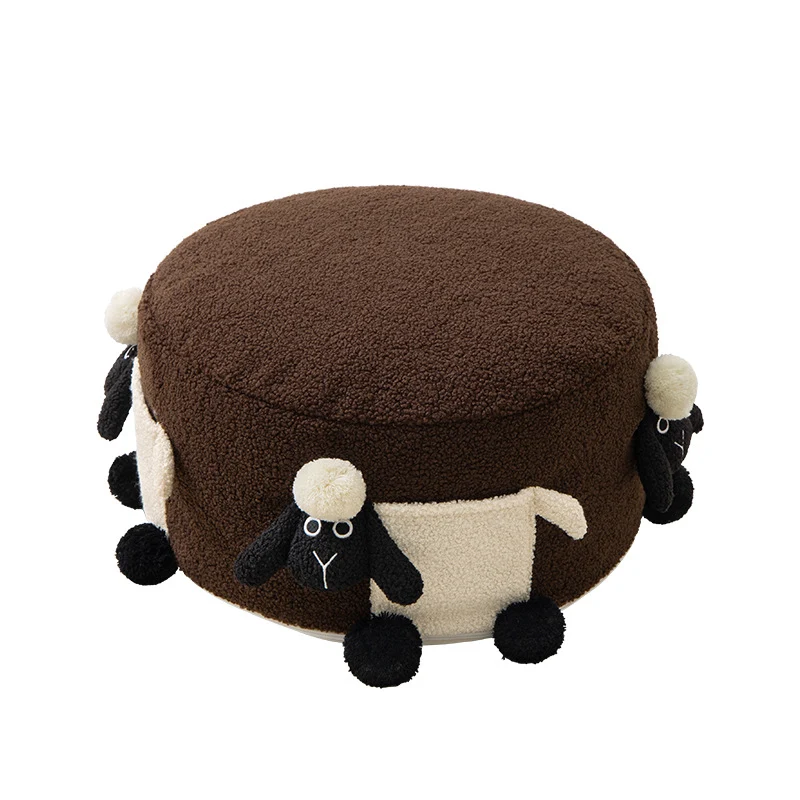 Runder Plüsch-Sitzhocker mit niedlichen Schaf-Applikationen und Teddy-Fleece Karnz