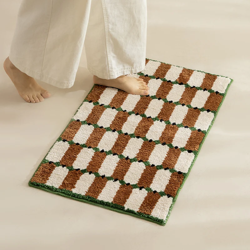 Handgetuftete Badezimmer-Vorleger mit samtigem Flor, rutschfester Latexunterseite und geometrischem Waben-Karo Karnz