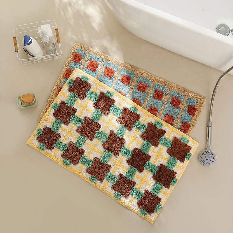 Handgetuftete Badezimmer-Badematte mit rutschfester Unterseite und strukturiertem Quadrat‑Relief Karnz