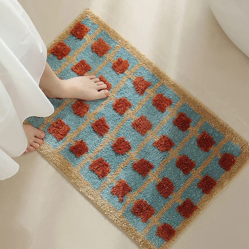 Handgetuftete Badezimmer-Badematte mit rutschfester Unterseite und strukturiertem Quadrat‑Relief Karnz