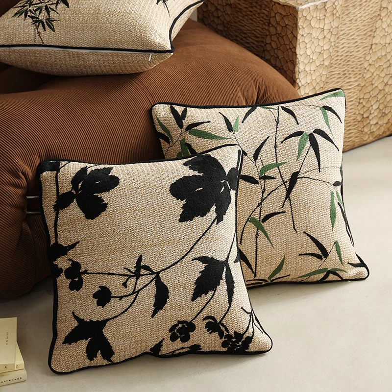 Gewebter dekorativer Kissenbezug mit Bambusblatt-Jacquard und Kontrastpaspel Karnz