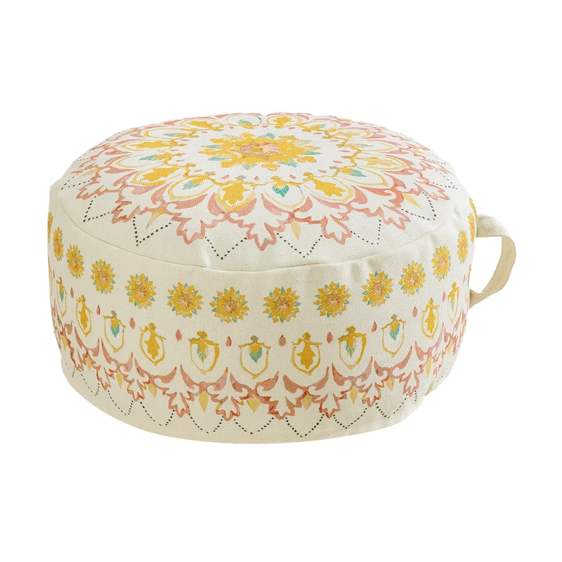 Rundes Sitzpouf mit gewebtem Baumwollbezug und ethnischem Mandala-Print Karnz