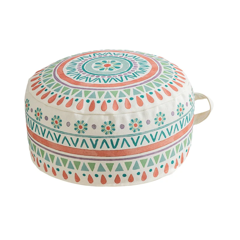 Rundes Sitzpouf mit gewebtem Baumwollbezug und ethnischem Mandala-Print Karnz