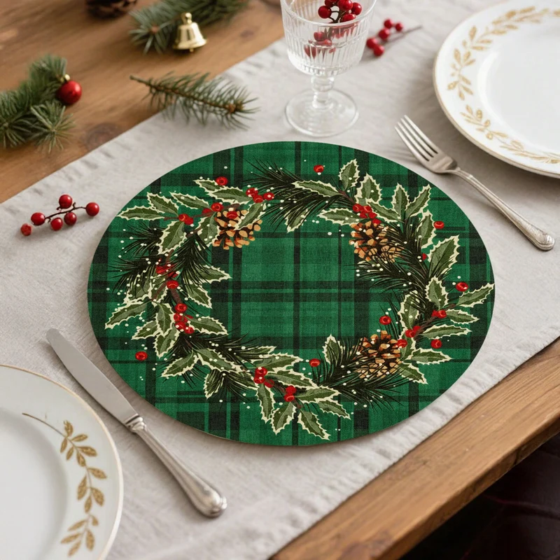 Rundes abwischbares Tischset mit weihnachtlichem Tannenzapfen- und Stechpalmenkranz-Motiv Karnz