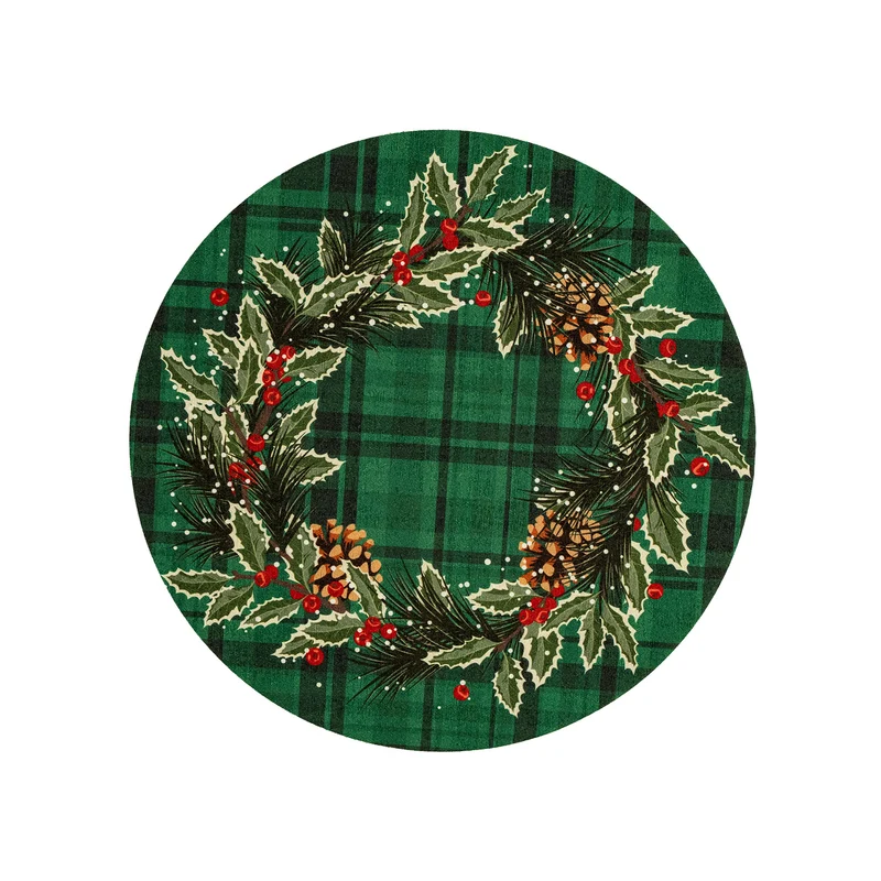 Rundes abwischbares Tischset mit weihnachtlichem Tannenzapfen- und Stechpalmenkranz-Motiv Karnz
