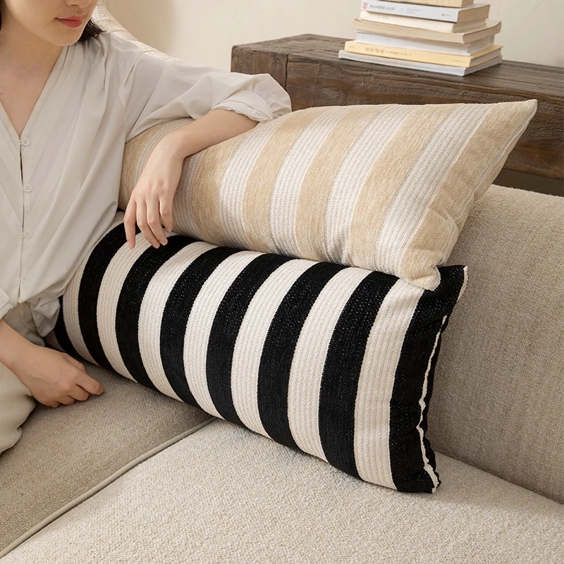 Langes gestreiftes Leinen-Baumwoll-Lumbar-Kissen für Sofa und Bett Karnz