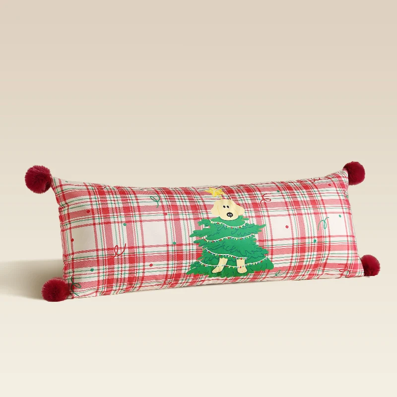 Langes dekoratives Lenden- und Nackenkissen im Weihnachts-Karo mit Pompon und Hund‑Baum‑Motiv Karnz