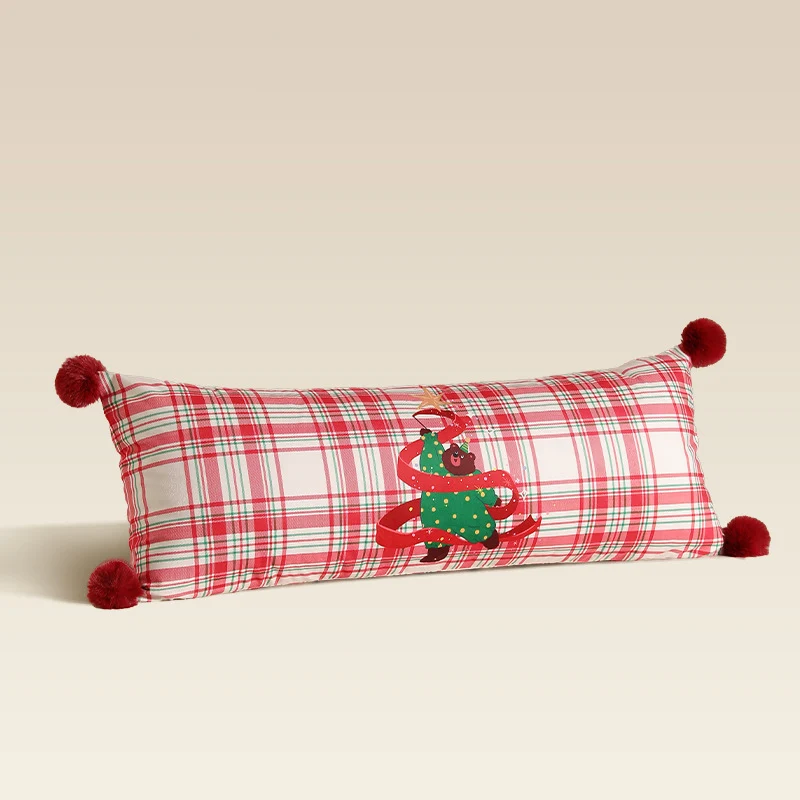 Langes dekoratives Lenden- und Nackenkissen im Weihnachts-Karo mit Pompon und Hund‑Baum‑Motiv Karnz