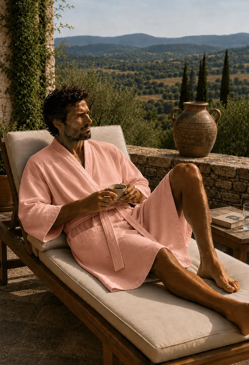 Langer Herren-Bademantel Kimono aus rosafarbenem Leinen - Nelson