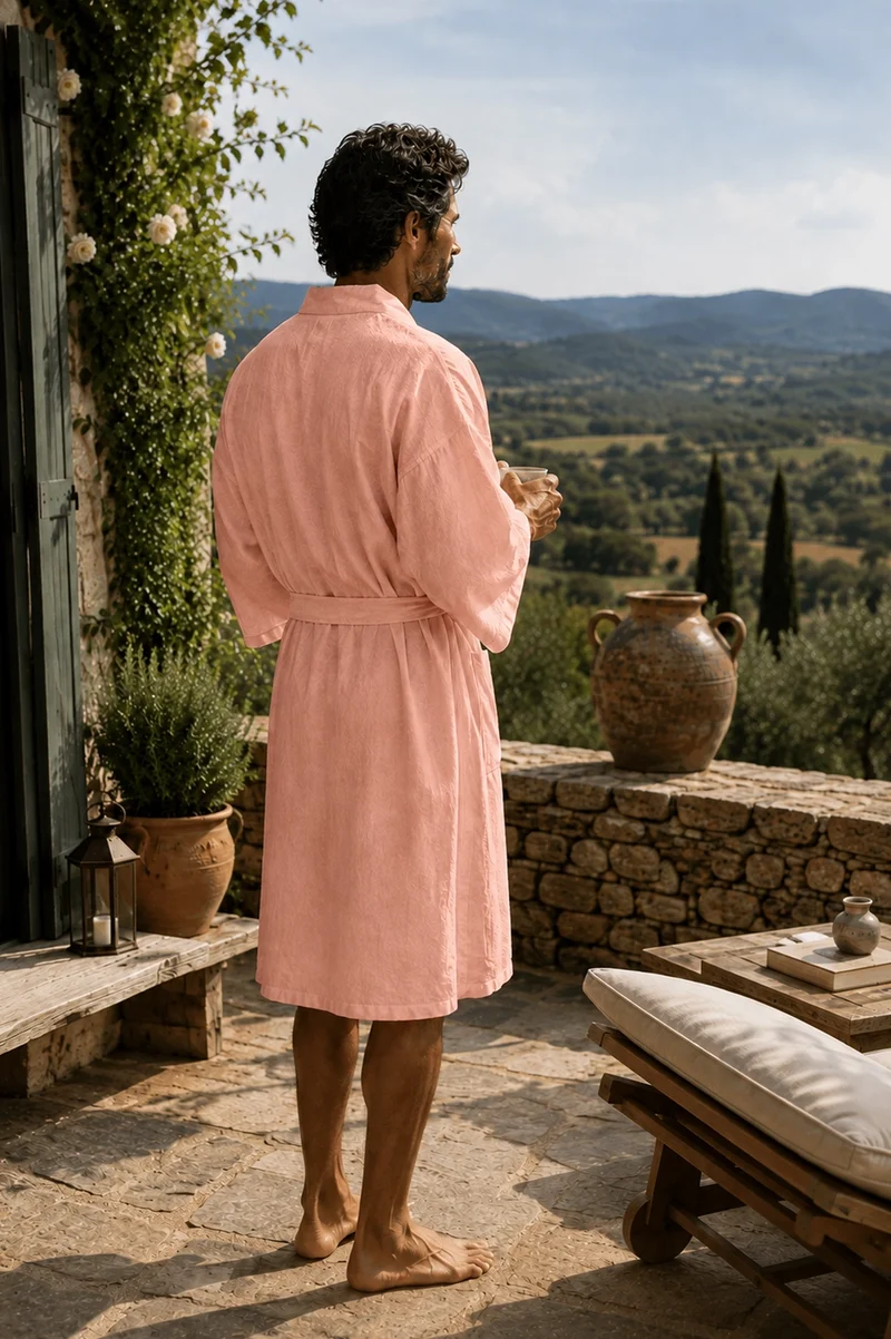 Langer Herren-Bademantel Kimono aus rosafarbenem Leinen - Nelson