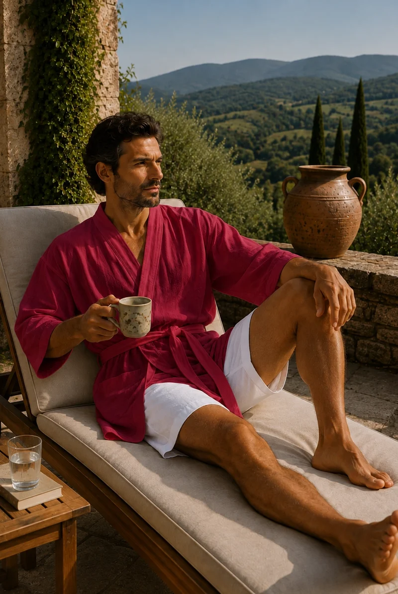 Kurzer Herren-Kimono-Bademantel aus Leinen in Bordeaux - Orlando