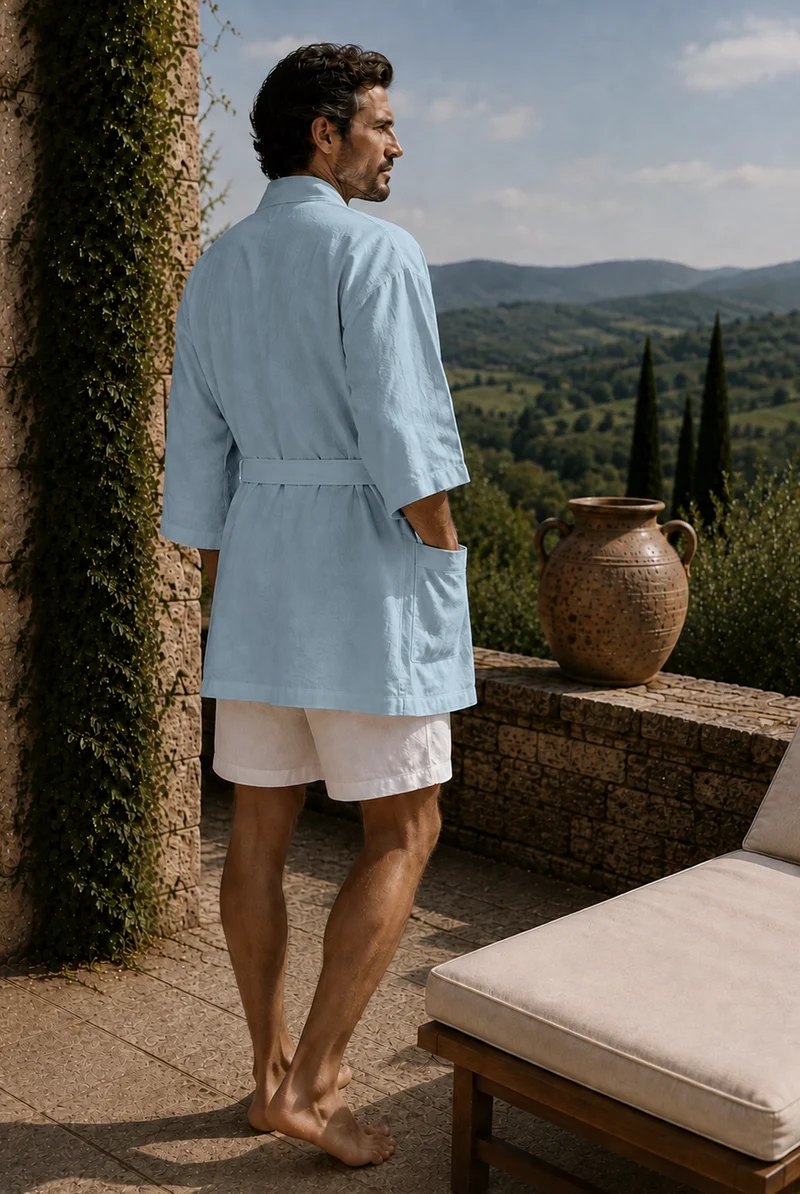Kurzer Kimono-Bademantel für Herren aus eisblauem Leinen - Orlando