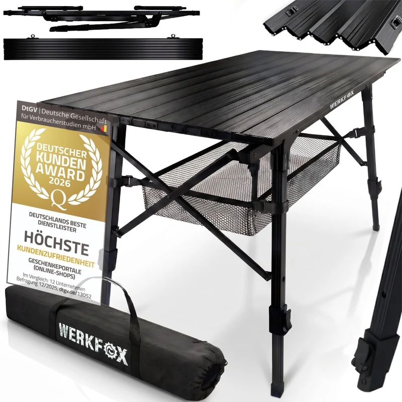 Faltbarer Campingtisch aus Aluminium mit Rollplatte & Tasche