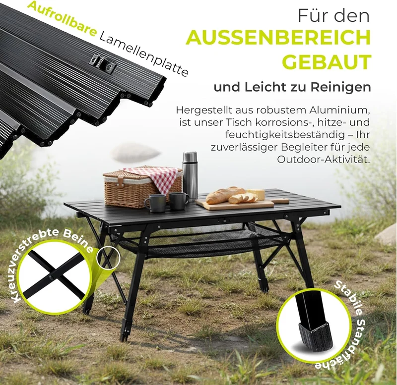Faltbarer Campingtisch aus Aluminium mit Rollplatte & Tasche