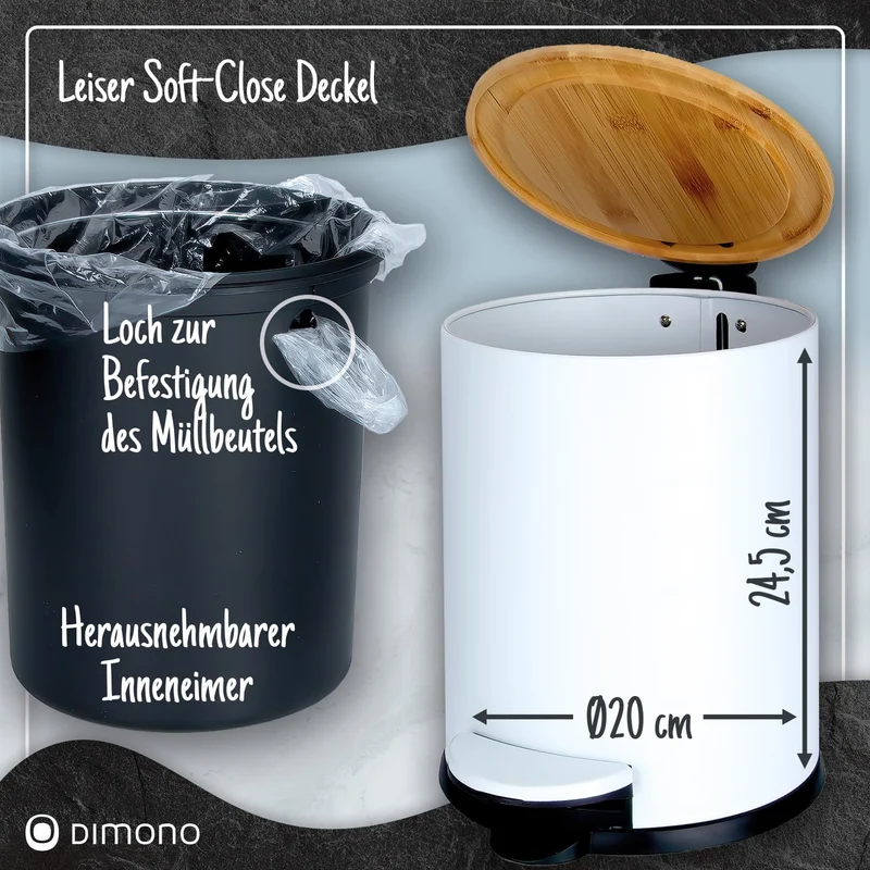 Kosmetikeimer Bambus Weiß - 3L/5L Treteimer mit Soft-Close