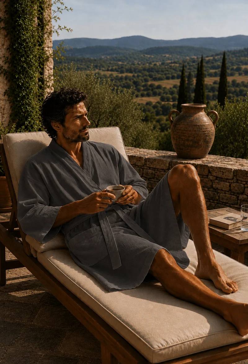 Langer Herren-Bademantel Kimono aus bleigrauem Leinen - Nelson