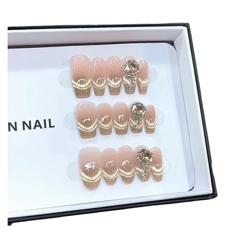 Elegant Press-On Nail Set with Decorative Gold Accents Stornfield