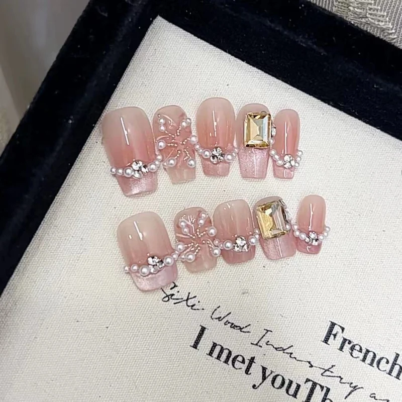 Elegant Press-On Nail Art Set with Pearl and Rhinestone Accents Stornfield