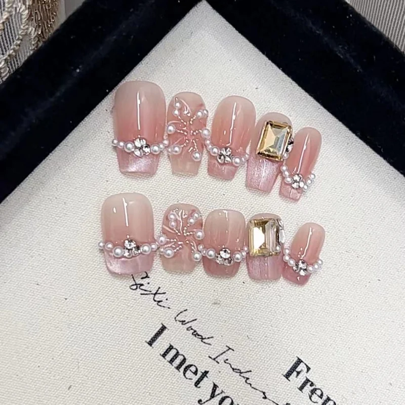 Elegant Press-On Nail Art Set with Pearl and Rhinestone Accents Stornfield