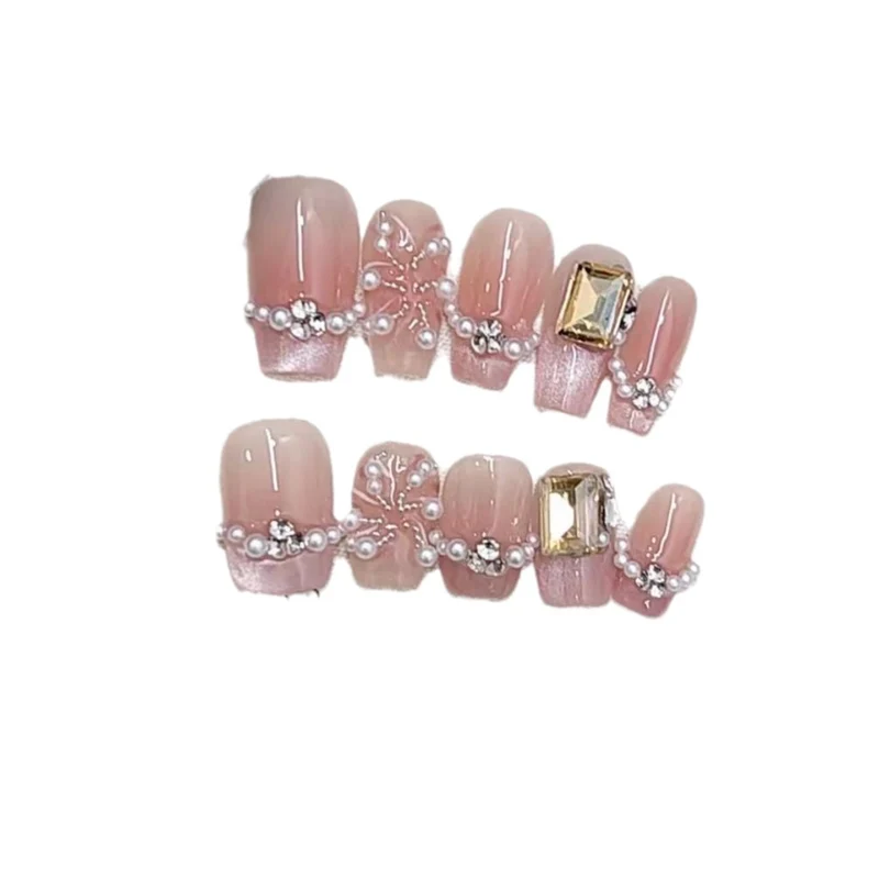 Elegant Press-On Nail Art Set with Pearl and Rhinestone Accents Stornfield