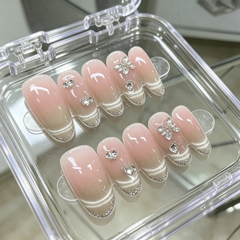 Elegant Press-On Nail Art Set with Floral and Gemstone Accents Stornfield