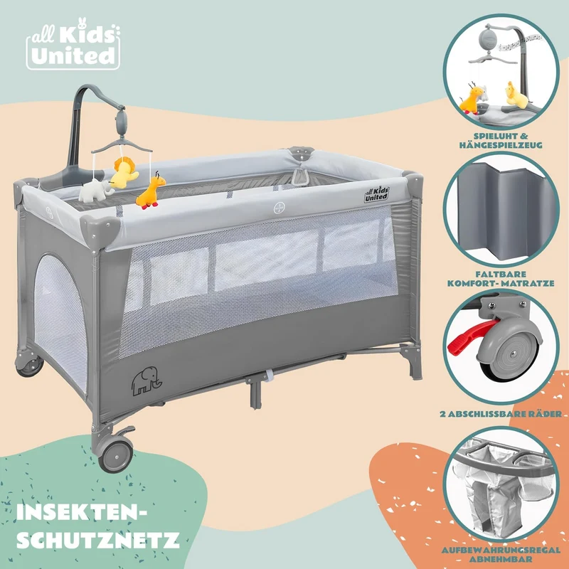 Baby Reisebett mit Wickelauflage & Mobile - Faltbar & Kompakt