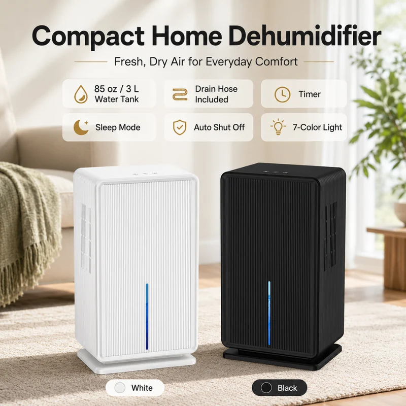 Kompakter 3L Luftentfeuchter für Zuhause | Leiser Raumentfeuchter mit Timer, Schlafmodus, Auto-Abschaltung und LED-Licht