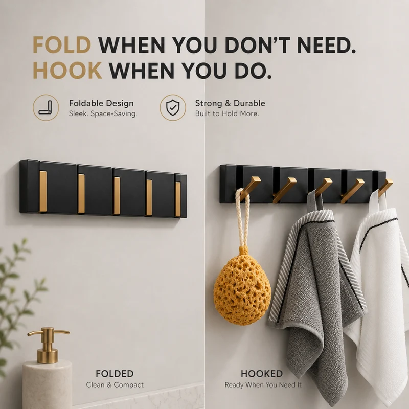 Klappbare Wandgarderobe aus Edelstahl 5 Haken Schwarz Gold für Flur Bad Küche und Eingang