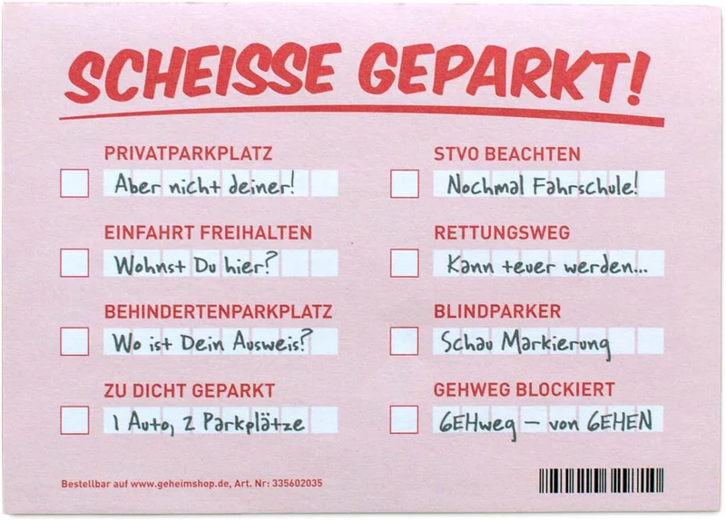 Fake Strafzettel - Scheiße geparkt Notizzettel für Falschparker