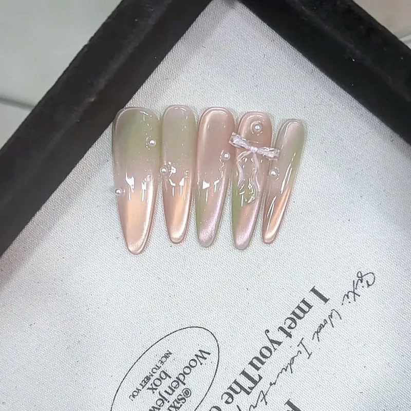 Premium Decorative Press-On Nail Set with Pearls and Bow Stornfield