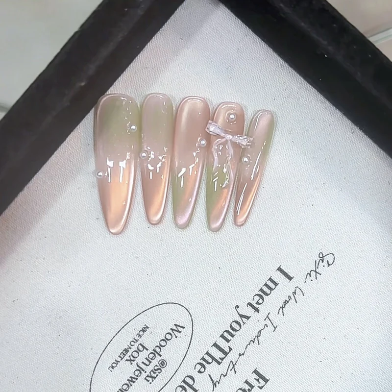 Premium Decorative Press-On Nail Set with Pearls and Bow Stornfield