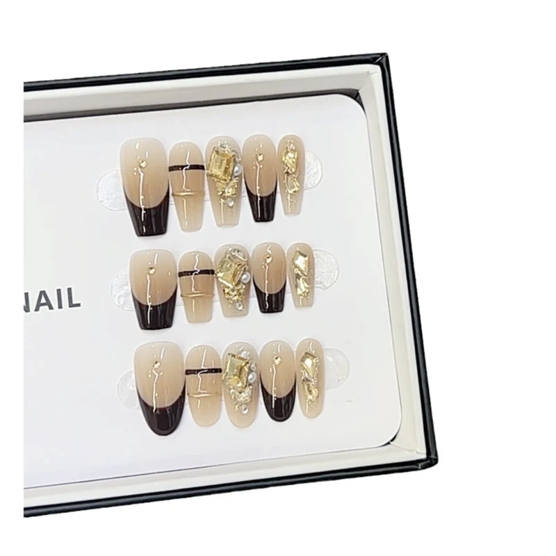 Premium Decorative Press-On Nail Set with Golden Accents Stornfield