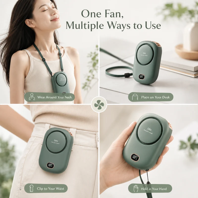 Tragbarer Halsventilator mit Display – USB-aufladbarer Mini-Ventilator mit 3 Geschwindigkeitsstufen und Trageband für Reisen & Outdoor