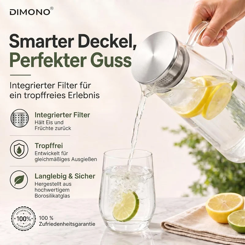 Dimono Glaskrug 1,5L mit Edelstahl-Filter – Hitzebeständige Karaffe