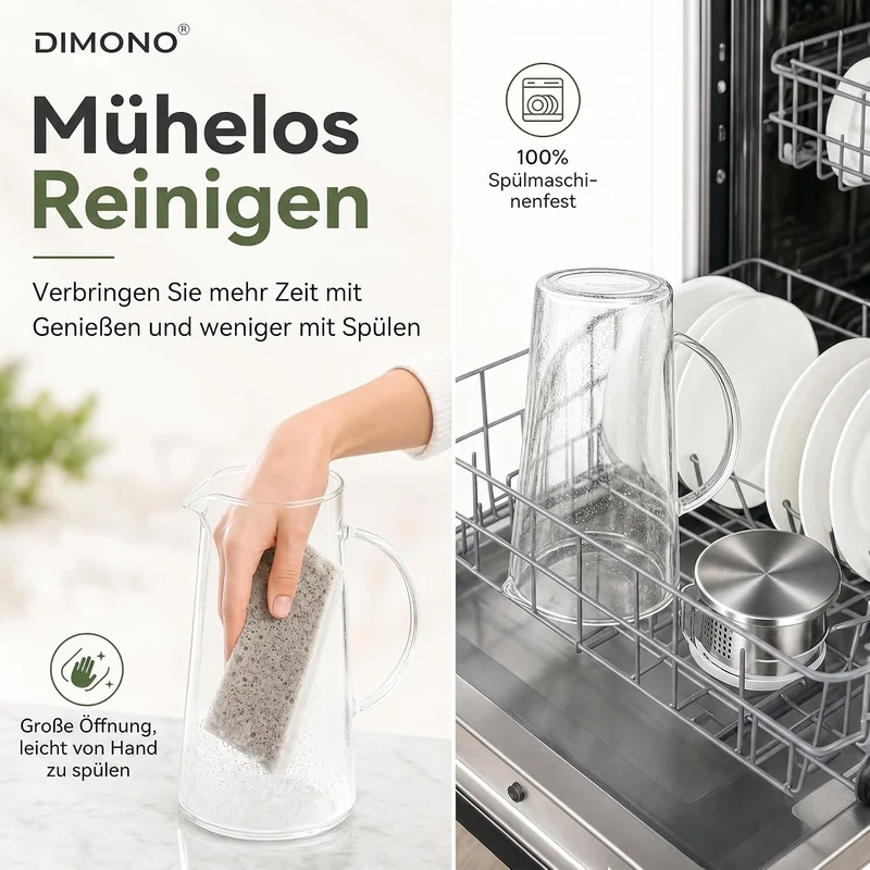 Dimono Glaskrug 1,5L mit Edelstahl-Filter – Hitzebeständige Karaffe