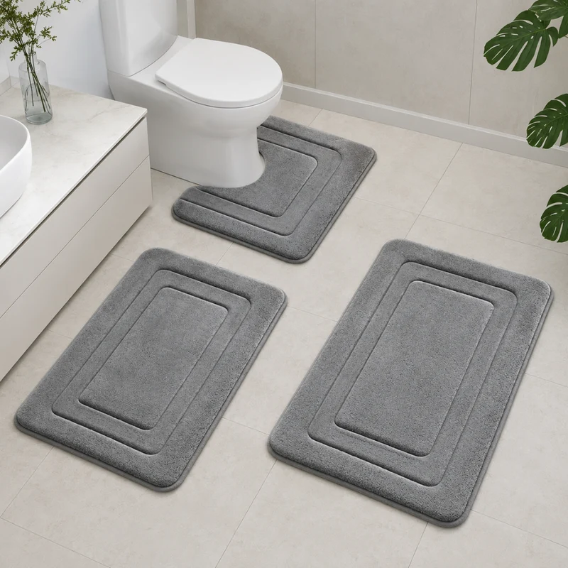 Luxuriöses Memory Foam Badematten-Set 3-teilig - Rutschfestes, Saugfähiges Design in Elegantem Grau für Badezimmer