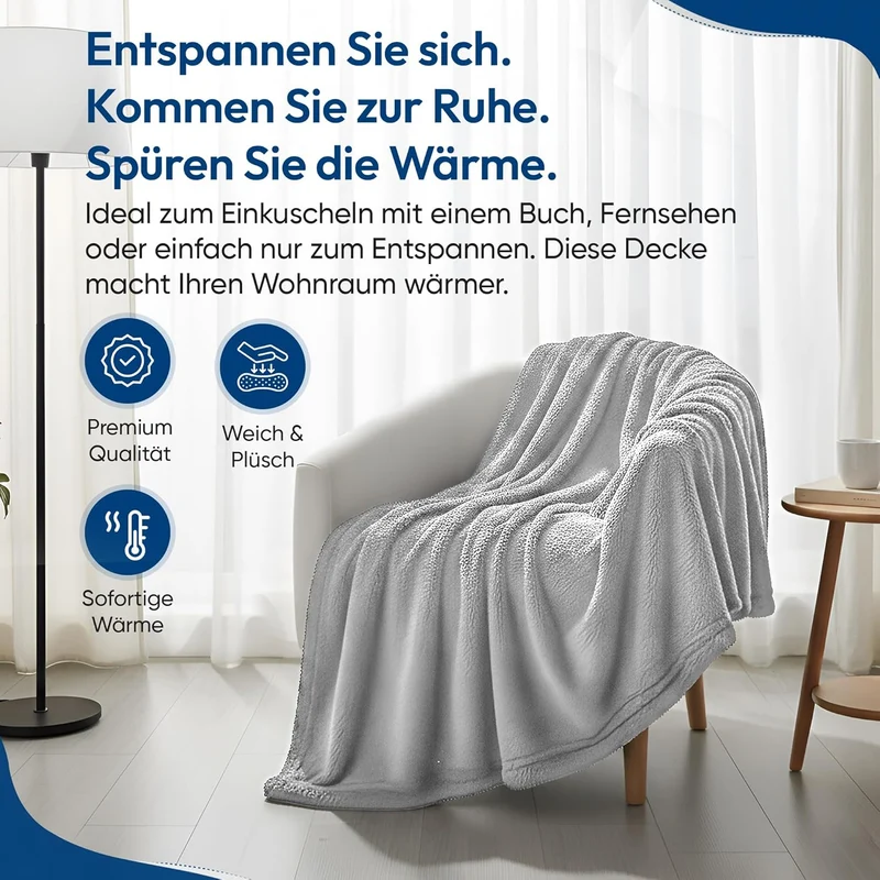 Feluna XXL Kuscheldecke 220x200 cm – Kuschelweiche Wohndecke Grau