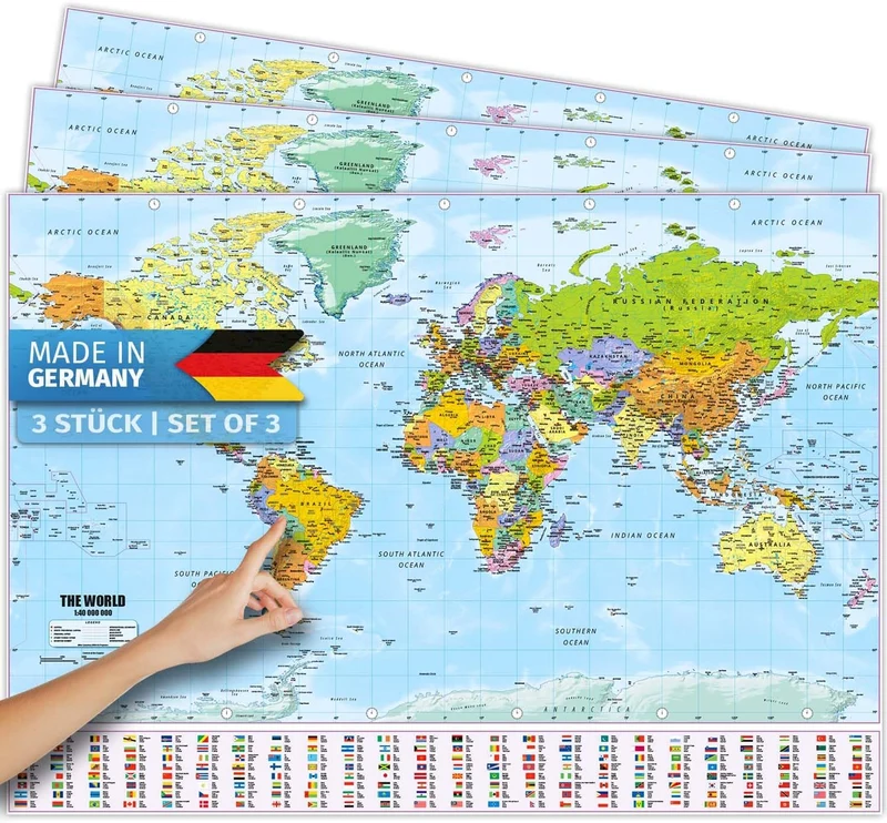 Weltkarte XXL Poster 140x100 cm – Detaillierte Landkarte mit Flaggen