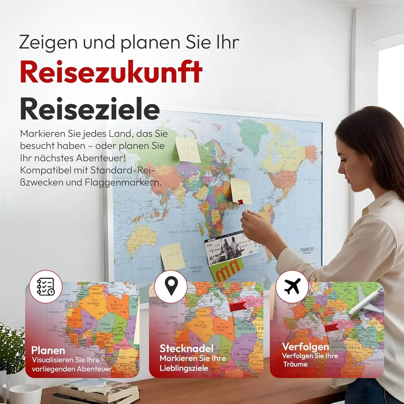 Weltkarte Pinnwand 90x60 cm Kork - Memoboard mit Markierungsfähnchen