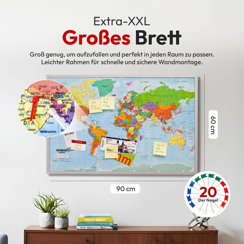 Weltkarte Pinnwand 90x60 cm Kork - Memoboard mit Markierungsfähnchen