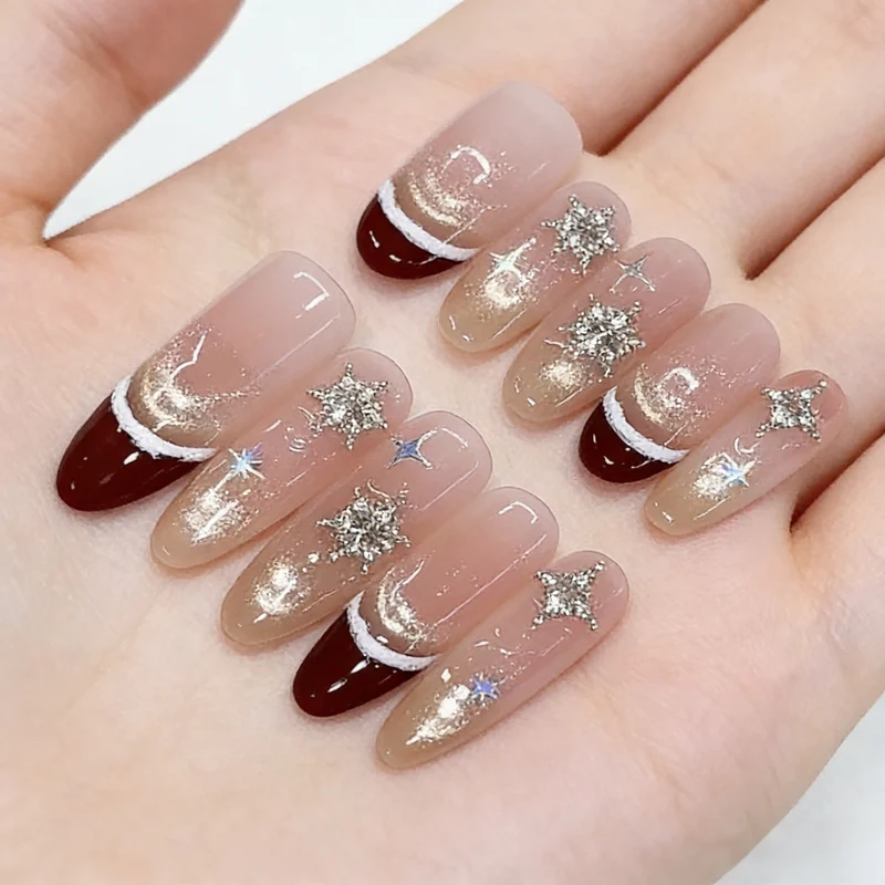 Artistic Press-On Nail Set with Glitter and Star Accents Stornfield